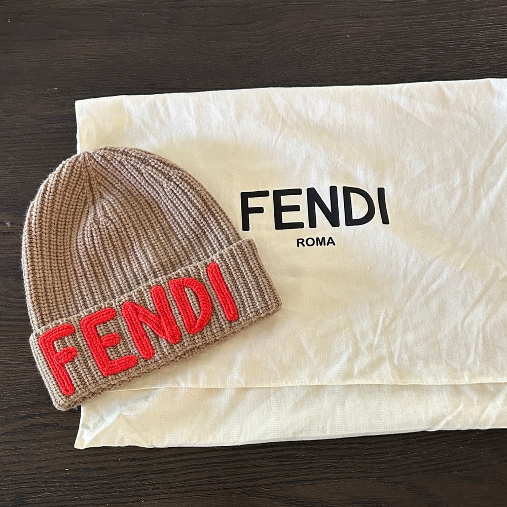 Fendi Tan Knit Beanie with Red Accents